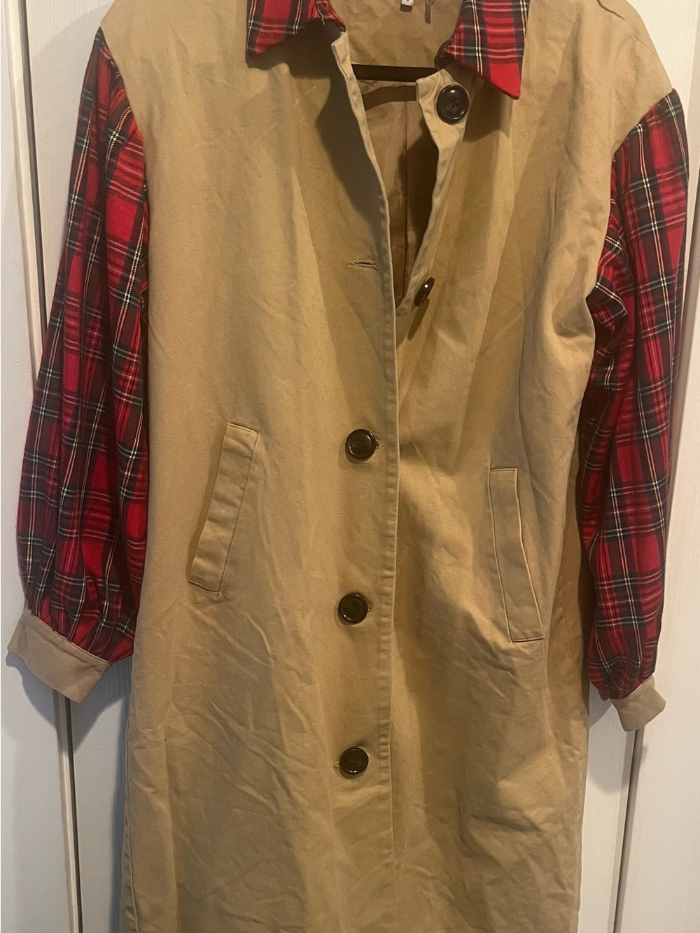 English Factory Tan Trench Coat with Red Plaid Sleeves Sz S